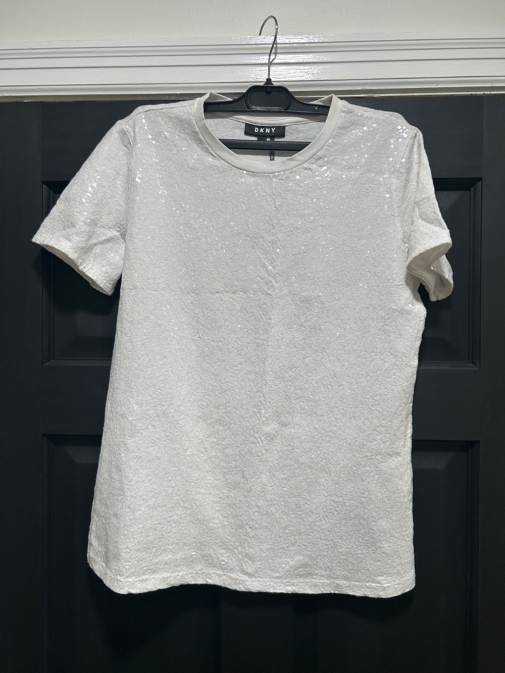 DKNY White Short Sleeve Sequin Texture Tee